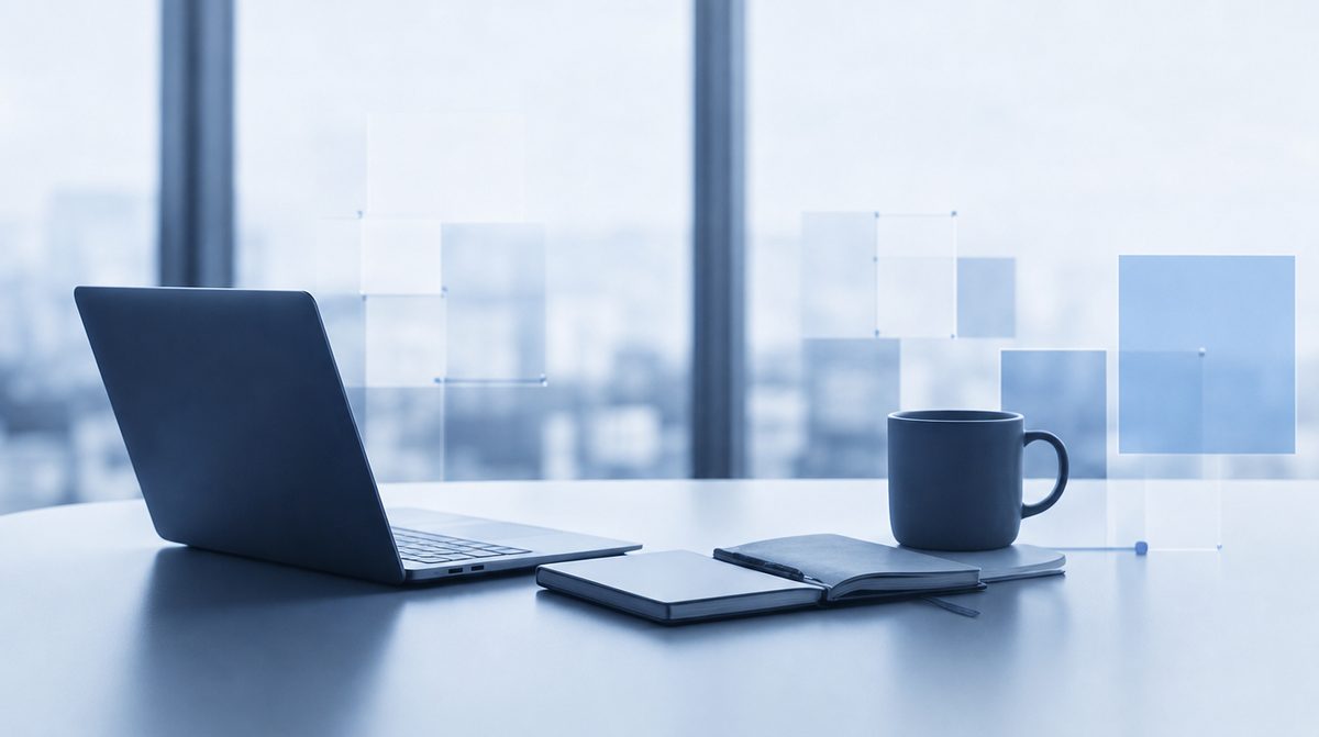 A laptop, notebook and cup on a desk in a city-view office